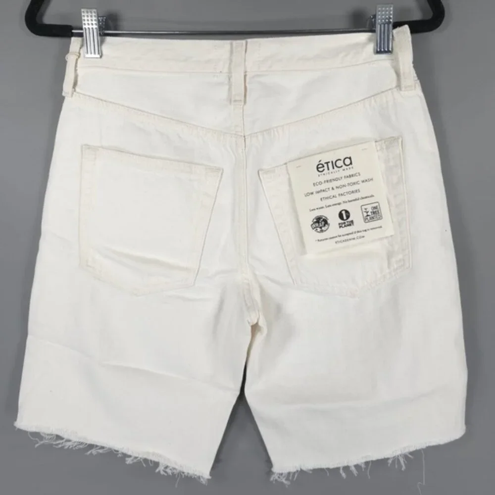 NWT etica NARIN RELAXED LONG SHORTS White Denim Laser‎ Vortex Raw Hem Size 24